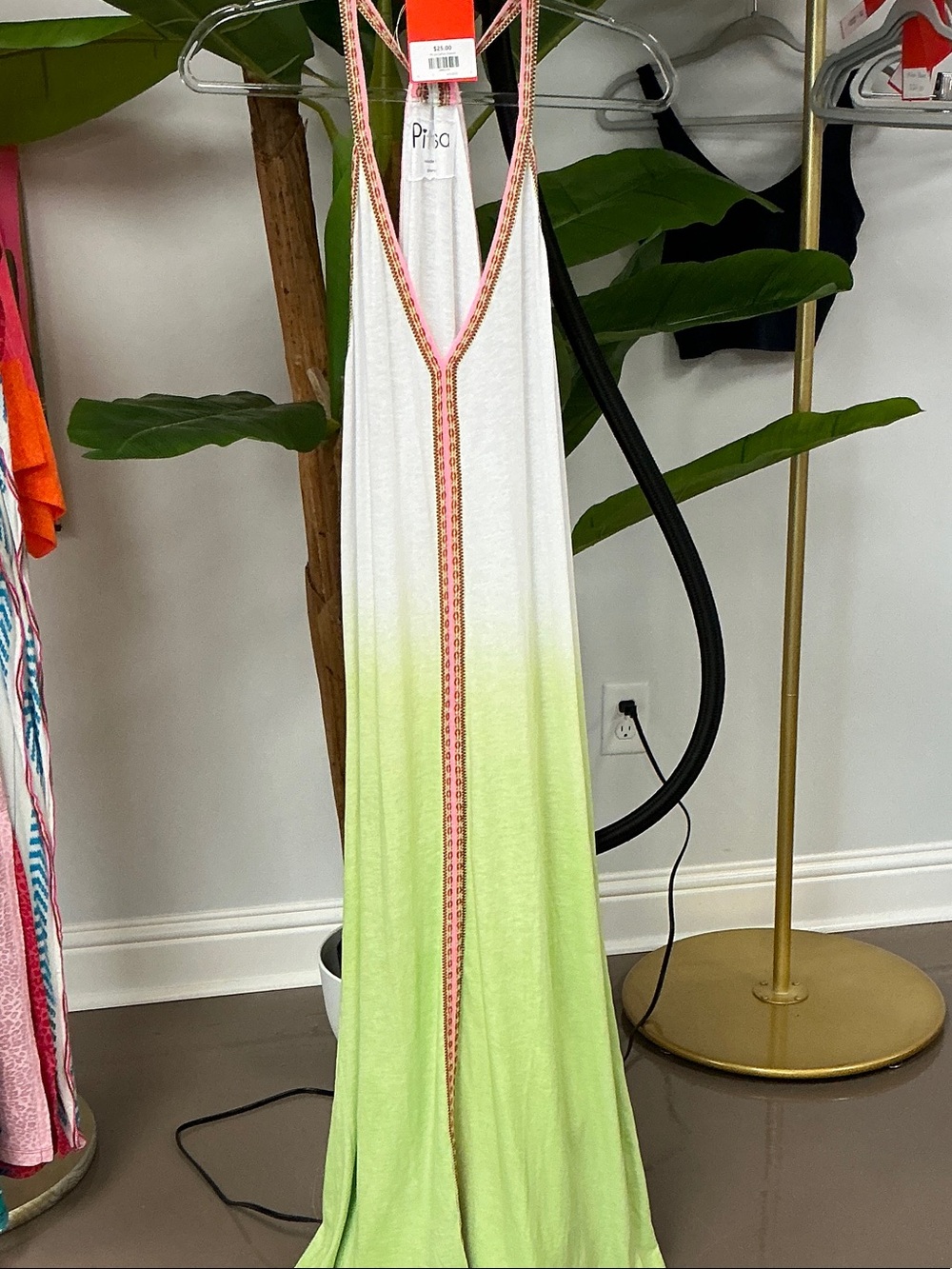 Pitusa White to Lime Green Ombre Maxi Dress with Pink Trim